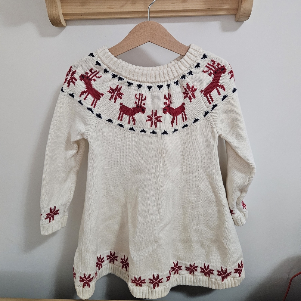 Hanna Andersson Cream Knit Dress with Red Reindeer